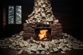 A blazing fireplace surrounded by stacks of dollars, symbolizing the heat of financial challenges