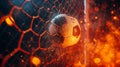 A blazing football nestled in the goal against an amazing solid background.