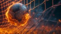 A blazing football nestled in the goal against an amazing solid background