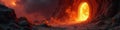 Blazing inferno consumes ancient stone door on desolate planet , entrance, apocalyptic