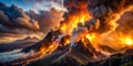 Blazing inferno engulfs desolate mountainside, sending shockwaves and debris flying through the air. fire, explosion Generative AI Royalty Free Stock Photo