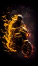 Blazing Motorcyclist on moto in fire, burning racing, AI generate. Fireman