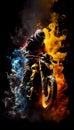 Blazing Motorcyclist on moto in fire, burning racing, AI generate