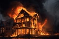 Blazing residence, flames devouring an aged house in a conflagration