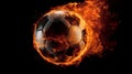 Blazing soccer ball, The ball flies with a fiery orange flame effect against a dark background