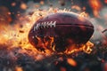 Blazing speed american football ball ignites flames as it soars through the air