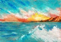 Blazing sunset in the sea Bay drawing by pastel Royalty Free Stock Photo