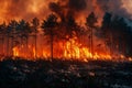 A blazing wildfire raging through a dry forest, with tall flames and thick smoke filling the sky, firefighters trying to