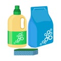 Bleach bottle with sponge, package of washing powder, detergent vector