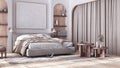 Bleached wooden bedroom in japandi style with arched door and parquet floor. Double master bed, carpet, shelves and table in white Royalty Free Stock Photo