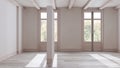 Bleached wooden empty room interior design, open space with parquet floor, beams ceiling and white walls, modern contemporary