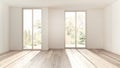 Bleached wooden empty room interior design, open space with parquet floor, panoramic windows, white walls, modern contemporary Royalty Free Stock Photo