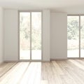 Bleached wooden empty room interior design, open space with parquet floor, panoramic windows, white walls, modern contemporary Royalty Free Stock Photo