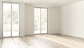 Bleached wooden empty room interior design, open space with parquet floor, panoramic windows, white walls, modern contemporary Royalty Free Stock Photo