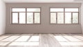 Bleached wooden empty room interior design, open space with parquet floor, panoramic windows, white walls, modern contemporary Royalty Free Stock Photo