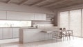 Bleached wooden japandi kitchen in white and beige tones with resin floor and beams ceilings. Cabinets and dining island with Royalty Free Stock Photo