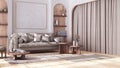 Bleached wooden living room in boho style with arched door and parquet floor. Fabric sofa, carpet, shelves and table in white and Royalty Free Stock Photo