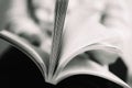 Bleak black and white colors of an open book with heavely blurred background Royalty Free Stock Photo