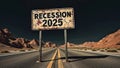 Bleak desert highway with cracked recession 2025 sign against mountainous backdrop Royalty Free Stock Photo