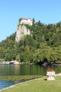 Bled Castle from Lake Bled shore at Bled, Slovenia Royalty Free Stock Photo