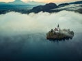 Bled castle on lake in foggy autumn morning,SLovenia Royalty Free Stock Photo