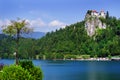 Lake Bled and its imposing castle in the background. Royalty Free Stock Photo
