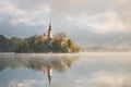 Bled Lake on a beautiful foggy morning Royalty Free Stock Photo