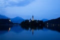 Bled Lake with Church Island and Castle Behind at Dusk Royalty Free Stock Photo