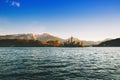 Bled Lake with Island with Catholic Church, Castle and Alps. Royalty Free Stock Photo