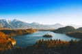 Bled Lake with Island with Catholic Church, Castle and Alps. Royalty Free Stock Photo