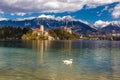 Bled Lake,Island,Church,Castle,Mountain-Slovenia Royalty Free Stock Photo