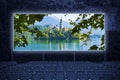 Bled lake, the most famous lake in Slovenia with the island of the church Europe - Slovenia - panoramic view - Outdoor cinema Royalty Free Stock Photo