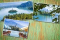 Bled lake, the most famous lake in Slovenia with the island of the church Europe - Slovenia - Postards concept on colored wooden