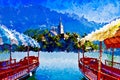 Bled Lake, the most famous lake in Slovenia with the island of the church Europe - Slovenia - Art concept image with painted Royalty Free Stock Photo