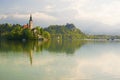 Bled lake and pilgrimage church with spring mountain landscape background Royalty Free Stock Photo