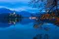 Bled lake and pilgrimage church at twilight reflected in water Royalty Free Stock Photo