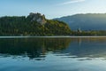 Bled lake view with Bled castle or Blejski grad with church on beautiful lake in Julian Alps, Slovenia Royalty Free Stock Photo