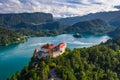 Bled, Slovenia - Aerial drone view of beautiful Bled Castle Blejski Grad with Lake Bled Blejsko Jezero