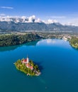 Bled, Slovenia - Aerial panoramic drone view of Lake Bled Blejsko Jezero from high above on a bright summer day