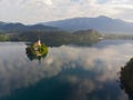 Bled, Slovenia - Aerial panoramic skyline view of Lake Bled Blejsko Jezero from high above with the Pilgrimage Church. Royalty Free Stock Photo