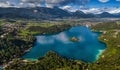 Bled, Slovenia - Aerial panoramic skyline view of Lake Bled Blejsko Jezero from high above with the Pilgrimage Church