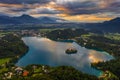 Bled, Slovenia - Aerial panoramic skyline view of Lake Bled Blejsko Jezero from high above with the Pilgrimage Church Royalty Free Stock Photo