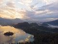 Bled, Slovenia - Aerial panoramic skyline view of Lake Bled Blejsko Jezero from high above with the Pilgrimage Church. Royalty Free Stock Photo