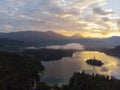 Bled, Slovenia - Aerial panoramic skyline view of Lake Bled Blejsko Jezero from high above with the Pilgrimage Church. Royalty Free Stock Photo