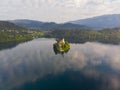 Bled, Slovenia - Aerial panoramic skyline view of Lake Bled Blejsko Jezero from high above with the Pilgrimage Church. Royalty Free Stock Photo