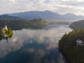 Bled, Slovenia - Aerial panoramic skyline view of Lake Bled Blejsko Jezero from high above with the Pilgrimage Church. Royalty Free Stock Photo