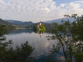 Bled, Slovenia - Aerial panoramic skyline view of Lake Bled Blejsko Jezero from high above with the Pilgrimage Church. Royalty Free Stock Photo