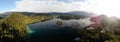 Bled, Slovenia - Aerial panoramic skyline view of Lake Bled Blejsko Jezero from high above with the Pilgrimage Church. Royalty Free Stock Photo