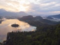 Bled, Slovenia - Aerial panoramic skyline view of Lake Bled Blejsko Jezero from high above with the Pilgrimage Church. Royalty Free Stock Photo