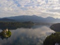 Bled, Slovenia - Aerial panoramic skyline view of Lake Bled Blejsko Jezero from high above with the Pilgrimage Church. Royalty Free Stock Photo